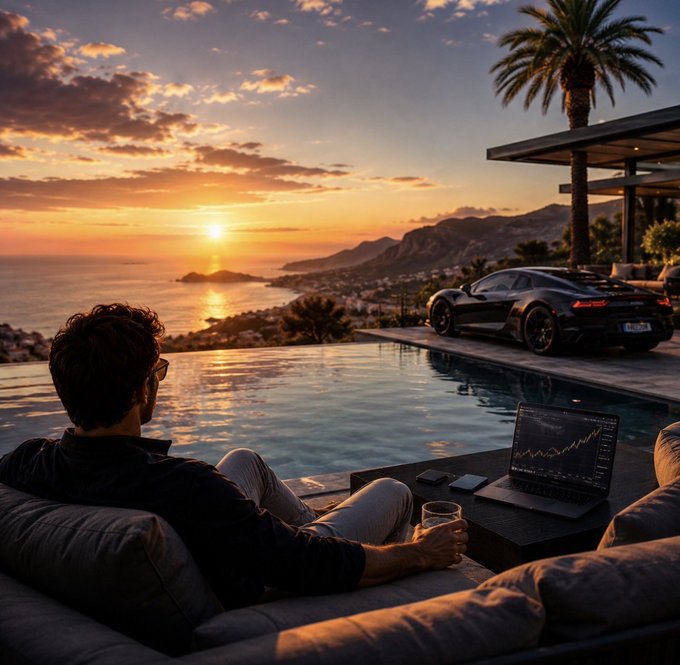 A man relaxes by an infinity pool overlooking a coastal sunset, holding a drink while his laptop displays a stock chart, with a sleek sports car parked nearby. The scene visually reinforces the post's message of stepping back from active trading to enjoy life, suggesting that lasting wealth enables both financial success and a luxurious, balanced lifestyle.
