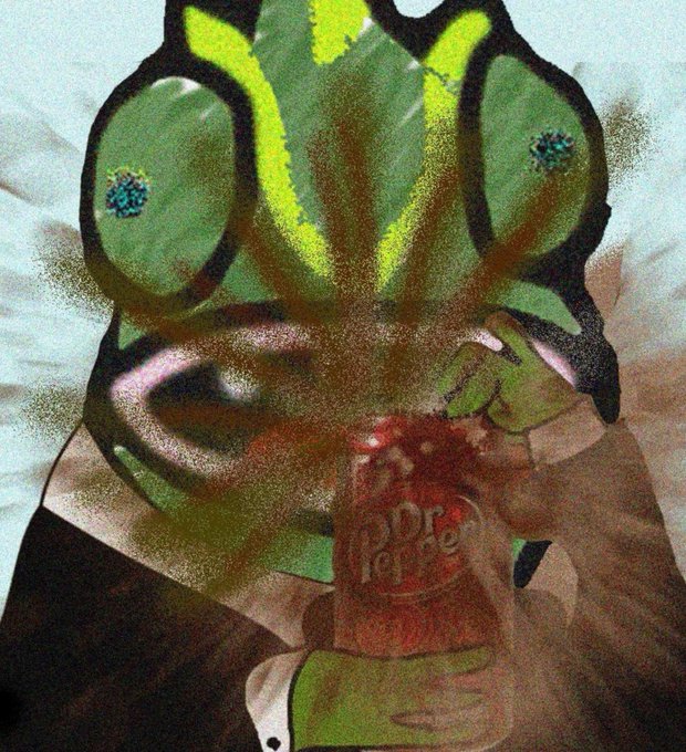 A stylized, graffiti-like drawing of a green frog character drinking from a can of Dr Pepper, created with spray paint textures.
