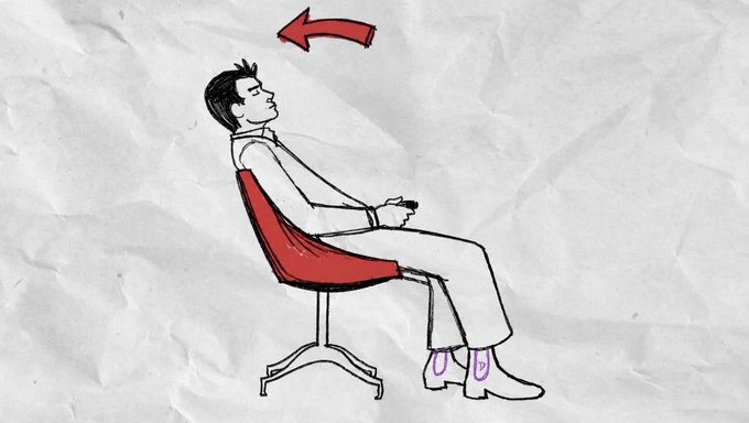 A simple sketch-style illustration on crumpled paper showing a man sitting slouched in a red chair holding a game controller, with a red arrow pointing to the left.