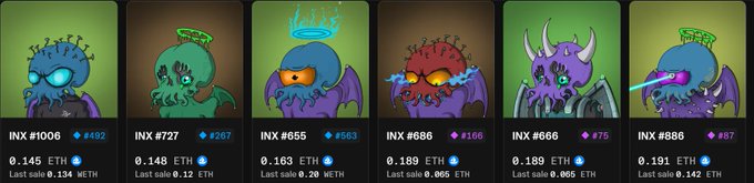 Row of six NFT profile picture collectibles featuring Cthulhu-like creature designs in various color schemes (green, red, blue, purple), labeled INX #1006, #727, #655, #86, #666, and #886, each displaying ETH prices ranging 0.145-0.191 ETH.