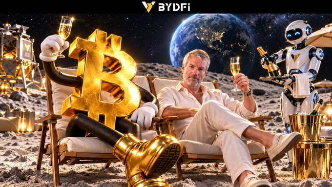 A man relaxes on a lunar lounge chair with a golden Bitcoin character and a robot butler serving champagne, with a 'BYDFi' logo and Earth in the background.