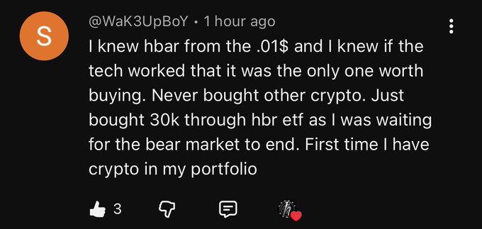 A YouTube comment from user '@WaK3UpBoY' posted 1 hour ago, discussing their investment in 'hbar' cryptocurrency, mentioning a '30k' purchase through 'HBR etf' and waiting for the 'bear market to end'.
