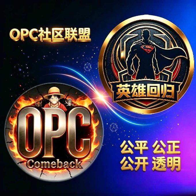 A promotional graphic featuring "OPC社区联盟" (OPC Community Alliance) and "OPC Comeback" with an anime character, alongside a "英雄回归" (Hero's Return) logo featuring a Superman-like figure, and Chinese text emphasizing "公平 公正 公开 透明" (Fair, Just, Open, Transparent).