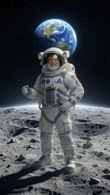 An astronaut with a beard stands on the moon's gray cratered surface giving a thumbs up, with Earth and the starry expanse of space visible behind him.
