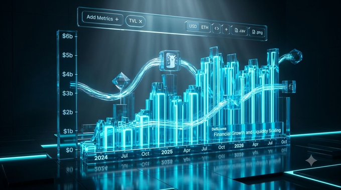 A futuristic 3D holographic bar chart visualization showing DeFiLlama Financial Growth and Liquidity Scaling data from 2024 to 2028, with values ranging from $0 to $6b on the y-axis.