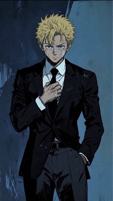 Anime-style illustration of a blonde-haired young man in a black suit and tie, adjusting his tie with one hand.