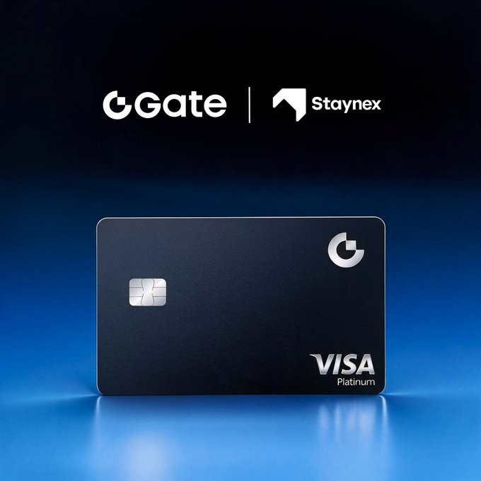 A black 'Gate' Visa Platinum card is displayed against a blue background. The top of the image shows the logos for 'Gate' and 'Staynex'.