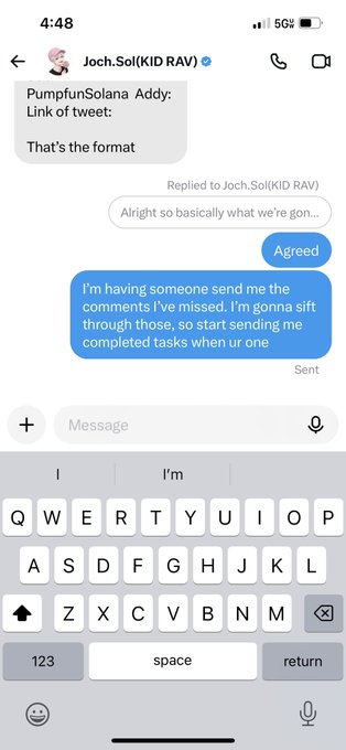 A phone screenshot of an iMessage conversation with "Joch.Sol(KID RAW)" discussing task completion format for a Solana airdrop, where the sender instructs the recipient to send completed tasks via the "PumpfunSolana" Twitter reply format and promises to sift through comments they've missed.