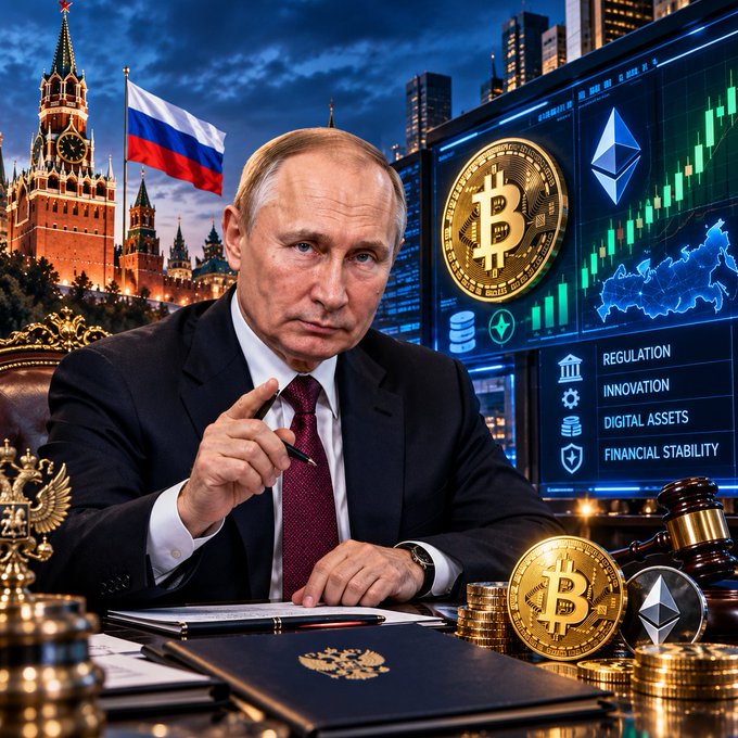 A digitally composed image showing him in a suit pointing a pen, with the Russian flag, Moscow Kremlin, Bitcoin and Ethereum coins, and screens displaying 'REGULATION', 'INNOVATION', 'DIGITAL ASSETS', and 'FINANCIAL STABILITY'.