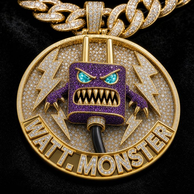 A diamond-encrusted gold pendant on a chain features a purple monster character with glowing blue eyes, sharp teeth, and a plug, with 'WATT.MONSTER' inscribed around the circular border.