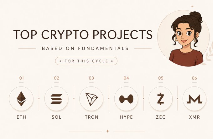 An infographic titled 'TOP CRYPTO PROJECTS BASED ON FUNDAMENTALS FOR THIS CYCLE' featuring a cartoon avatar and logos for ETH, SOL, TRON, HYPE, ZEC, and XMR.