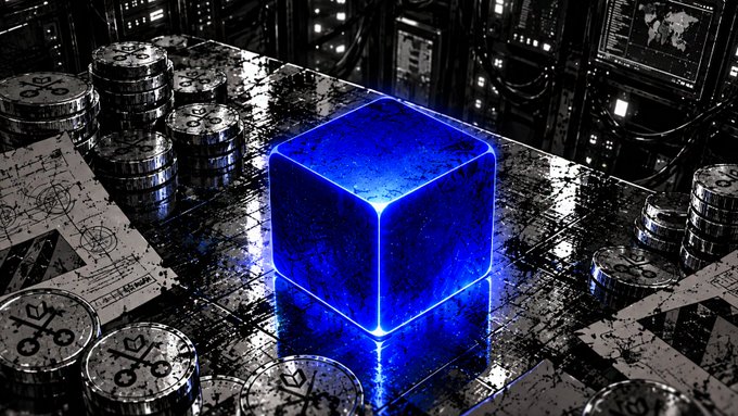 A luminous blue glowing cube sits atop a metallic surface scattered with coin-like tokens bearing circular symbols, while dark server racks and monitoring screens fill the background. The image evokes the cryptic caption "What lies inside?"—suggesting hidden mysteries or secrets contained within the enigmatic cube.