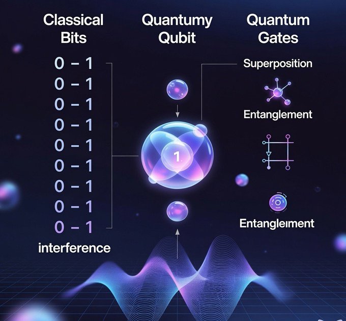 The image displays a visual comparison of "Classical Bits" (shown as a column of 0-1 values) transitioning into a "Quantum Qubit" (depicted as a glowing sphere with "1" inside), alongside "Quantum Gates" featuring concepts like "Superposition" and "Entanglement," with a wave pattern at the bottom labeled "interference."

This illustrates the fundamental building blocks of quantum computing, directly supporting the post's praise of the quipnetwork team's deep expertise in quantum computing and post-quantum cryptography as they translate theoretical concepts into practical, open solutions.
