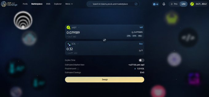 A screenshot of the Messier P2P exchange platform showing a swap interface for AAPL token at 0.079189 to SOL at 0.32, with an estimated savings of $145 and wallet balance 0x21...BE42. The image illustrates the cross-chain swap functionality advertised in the post, displaying the "Select your chain, Pick your asset, Swap directly" interface described.