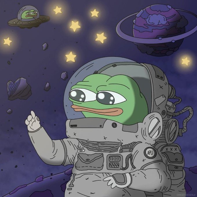 A cartoon illustration of a sad-looking Pepe the Frog dressed as an astronaut floating in space with stars, a UFO, and a purple planet in the background.