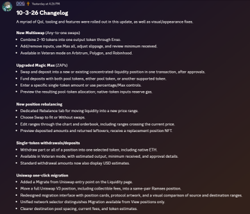 A presentation slide titled "10-3-26 Changelog" detailing upcoming improvements for the Ramses product, including upgrades to multi-hop, magic max, single-token withdrawals, and uniswap-related features. The image complements the post by showcasing the developers' commitment to continuous product improvement, highlighting recent and upcoming updates that could enhance user experience.