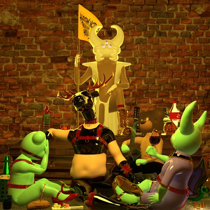 The image features a group of cartoon characters, including a man with horns and a woman wearing a white dress, sitting around a table filled with various objects such as bottles, wine glasses, and a guitar. The characters are engaged in conversation or enjoying each other's company. The post is titled "Late Gm little bears! New piece for @avsg666 collective drop Algorithm Victims Ruin Art History: again" which seems to be a reference to the character "@avg" from the movie "The Resurrection of Christ".