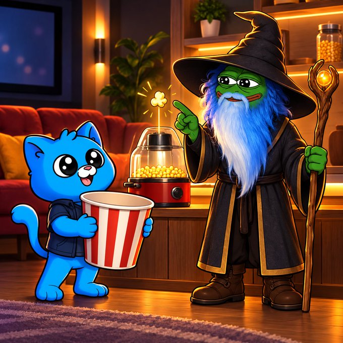 A colorful cartoon scene shows a blue cat holding a striped popcorn bucket beside a green-skinned wizard with a staff, standing near a popcorn machine.