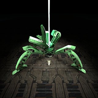 A 3D rendering of a green, mechanical spider-like device with articulated legs sitting on a dark, industrial floor with a beam of light shining down on it.