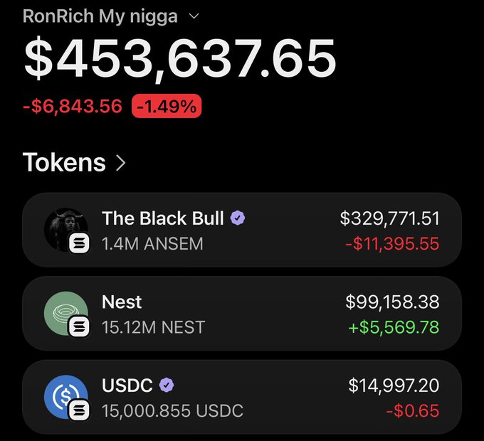 A screenshot of a crypto wallet titled "RonRich My nigga" showing a total balance of $453,637.65 (down -$6,843.56 or -1.49%), with holdings displayed for The Black Bull (1.4M ANSEM, $329,771.51), Nest (15.12M NEST, $99,158.38), and USDC (15,000.855 USDC, $14,997.20). The image appears to showcase a large wallet balance as social proof to attract engagement with the posted solicitation for SOL addresses.