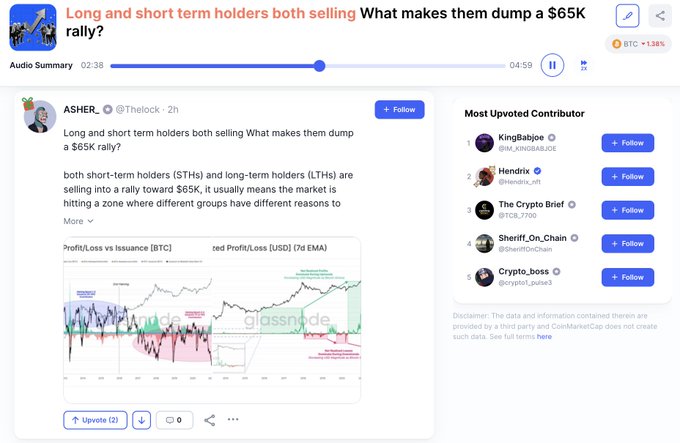 A social media post by @Thelock_Asher discussing why both short-term and long-term Bitcoin holders are selling during BTC's rally toward $65K, accompanied by a glassnode chart showing Profit/Loss vs Issuance (BTC) and Profit/Loss (USD) data, with the caption noting that OGs and dip buyers are exiting as BTC reclaims $65K, with one group selling at a loss while others pocket $4M in a single day.