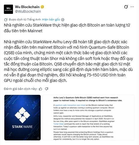 A Vietnamese-language tweet from Wu Blockchain (@WuBlockchain) discussing StarkWare's research on quantum-safe Bitcoin (QSB) using AVihu Levy's method to protect Bitcoin from quantum computer attacks.