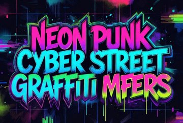 Colorful neon graffiti-style text reading 'NEON PUNK CYBER STREET GRAFFITI Mfers' in pink, cyan, and yellow on a dark background.