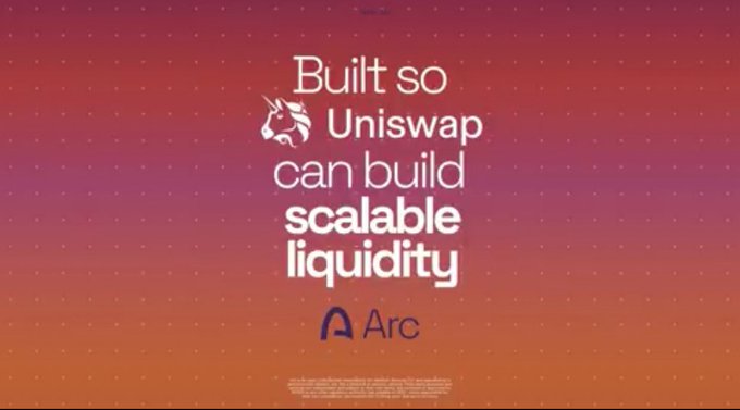 A promotional graphic with text reading "Built so Uniswap can build scalable liquidity" alongside the Uniswap unicorn logo and the Arc logo on a red and orange gradient background.