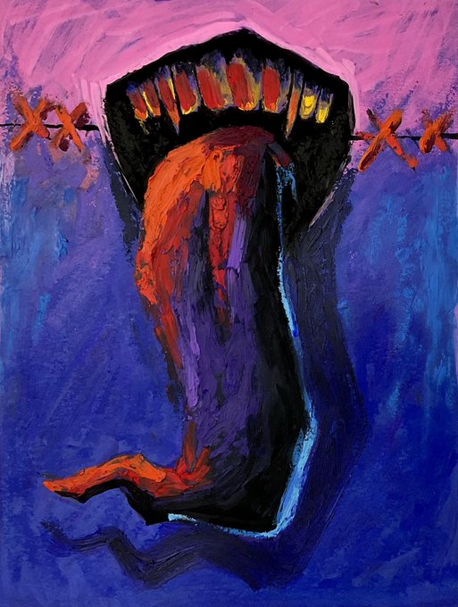 An expressionist painting featuring an orange figure slumped inside a dark rectangular opening against a purple background with barbed wire.