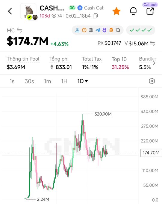 A mobile app screenshot showing cryptocurrency market data for a token called 'Cash Cat' (CASH), with a market cap of $174.7M, up 4.63%, displayed over a 1D candlestick chart ranging from $2.24M to $320.90M.