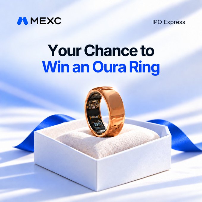 The image is a promotional graphic for MEXC's IPO Express campaign, featuring a rose gold Oura Ring displayed in a white gift box with a blue ribbon, alongside the headline "Your Chance to Win an Oura Ring" and the MEXC logo. It ties directly to the post's announcement that subscribers to the OURA IPO Express launchpad can win 349 USDT toward purchasing an Oura Ring.