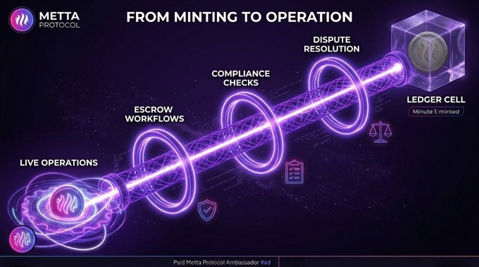 A graphic for the 'METTA PROTOCOL' illustrates a process flow titled 'FROM MINTING TO OPERATION,' showing stages like 'LIVE OPERATIONS,' 'ESCROW WORKFLOWS,' 'COMPLIANCE CHECKS,' and 'DISPUTE RESOLUTION,' noting 'LEDGER CELL Minute 1: minted.'