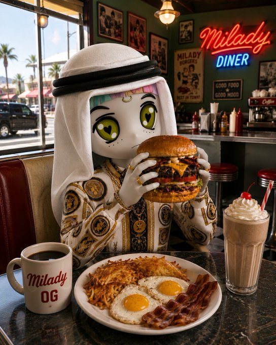 A 3D rendered character wearing traditional Arab attire (keffiyeh and gold-patterned thobe) with heart-shaped eyes, eating a large burger in a retro diner called "Milady Diner" with a plate of eggs, hash browns, and bacon on the table alongside a "Milady OG" coffee mug and milkshake.