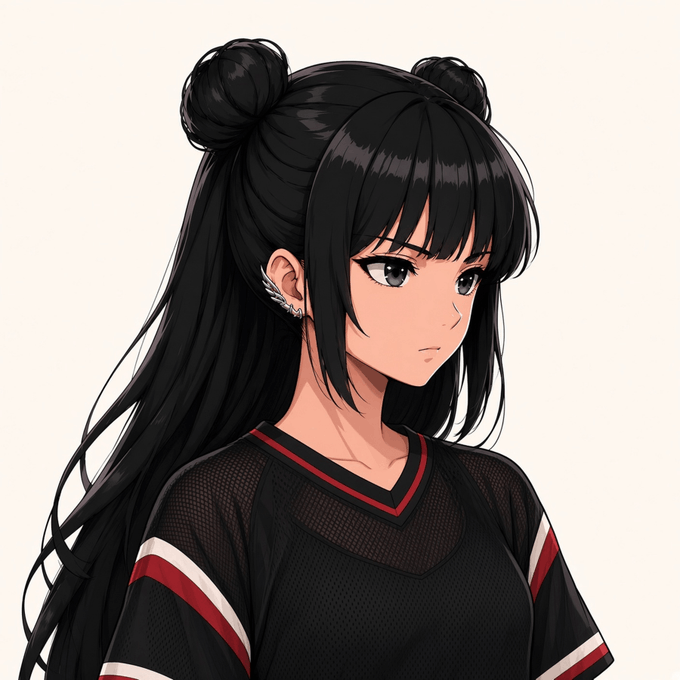 An anime-style illustration of a girl with long black hair styled in double buns, wearing a black mesh athletic jersey with red and white trim, shown with a serious expression. The image relates to the post by depicting the character referenced as @0xhazels, whose design features this distinctive sporty outfit and confident gaze.