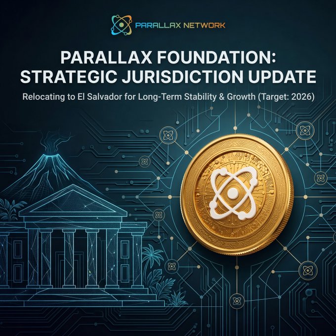 A promotional graphic for the "PARALLAX FOUNDATION: STRATEGIC JURISDICTION UPDATE", announcing a relocation to El Salvador for Long-Term Stability & Growth (Target: 2026), featuring a gold coin and a circuit board background.
