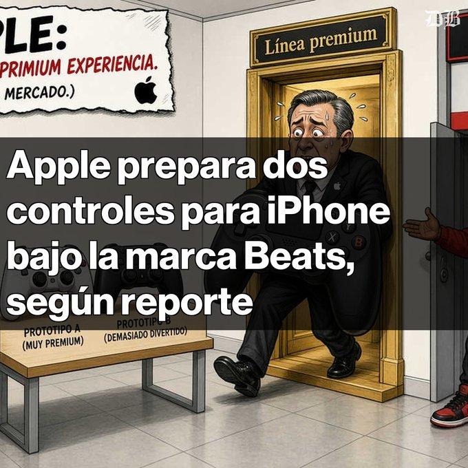 A meme featuring a cartoon character exiting a golden elevator labeled 'Línea premium,' holding a game controller, with Spanish text reading 'Apple prepara dos controles para iPhone bajo la marca Beats, según reporte'.