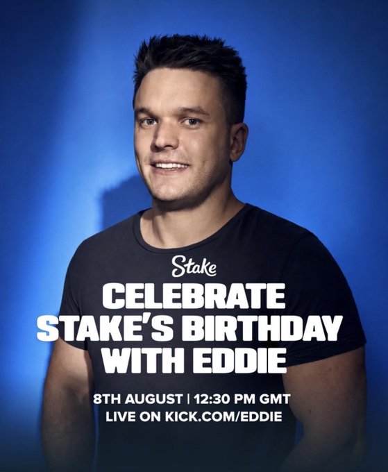A promotional graphic featuring a smiling man (identified as Eddie) wearing a black "Stake" t-shirt against a blue backdrop, with text reading "Celebrate Stake's Birthday with Eddie," scheduled for 8th August at 12:30 PM GMT, live on kick.com/eddie. The image directly corresponds to the post announcing Stake's 9th birthday celebration and Eddie's live stream with giveaways and prizes.