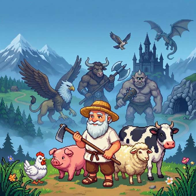 A fantasy-style illustration featuring an old farmer with a scythe surrounded by farm animals (chicken, pig, sheep, cow) and mythical creatures including a griffin, minotaur, orc, dragon, and eagle, with a castle and mountains in the background.