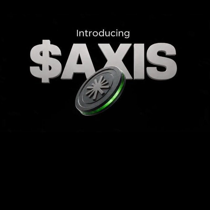 A promotional graphic on a black background displaying 'Introducing $AXIS' in large silver text, with a silver coin bearing an emblem and a green glow below it.