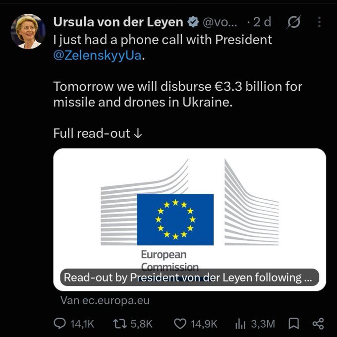 A screenshot of a tweet from Ursula von der Leyen (@vo...) stating she had a phone call with President @ZelenskyyUa and announcing a €3.3 billion disbursement for missiles and drones in Ukraine, with 14.1K replies, 5.8K reposts, 14.9K likes, and 3.3M views.