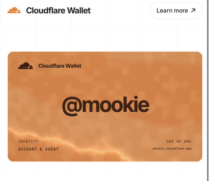 A digital Cloudflare Wallet identity card displays the username "@mookie" with an orange lightning-themed background, labeled "Identity Account & Agent" and marked "ONE OF ONE" at the URL mookie.cloudflare.pay. The image illustrates the post's announcement about claiming a free Cloudflare Wallet username, showing an example of a personalized identity card on the cloudflare.pay platform.