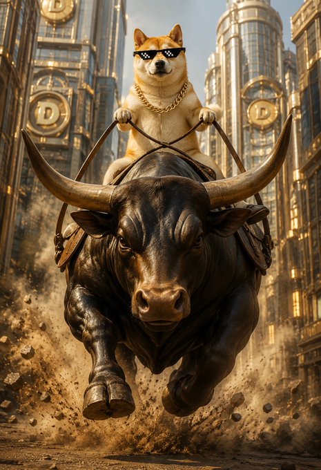 An AI-generated image shows a Shiba Inu dog wearing sunglasses and a gold chain riding a charging black bull through a city with D-shaped logos.