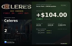 A webpage screenshot for the 'Celeres' project showing '200 ORDERS' and 'FIRST IN, LAST OUT', with text 'Celeres' and 'Serum Plant - CMSFM position' alongside '+ $104.00'.