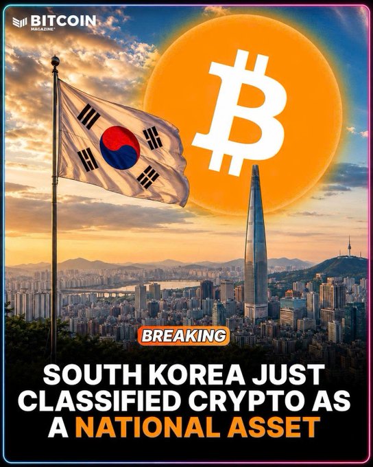 A Bitcoin Magazine news graphic showing the South Korean flag alongside a Bitcoin symbol, with the headline 'BREAKING: SOUTH KOREA JUST CLASSIFIED CRYPTO AS A NATIONAL ASSET'.