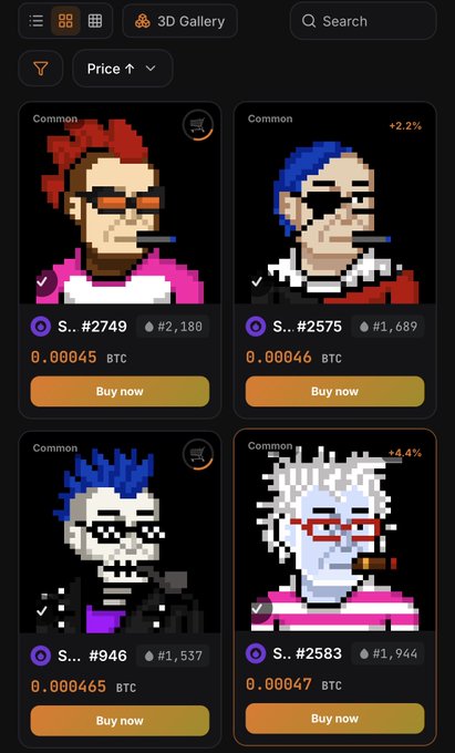 A crypto/NFT marketplace interface showing four pixel art "Common" collectible portraits for sale, each priced in BTC, with "Buy Now" buttons underneath.