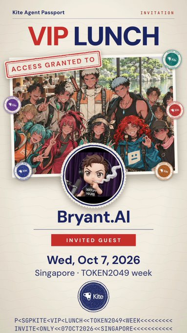 A digital 'Kite Agent Passport' invitation for 'VIP LUNCH' granting 'Bryant.AI' access to an event on Wed, Oct 7, 2026 in Singapore during TOKEN2049 week.