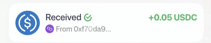 A cryptocurrency transaction notification showing 'Received' with a green checkmark for '+0.05 USDC' on the Polygon network from address '0xf70da9...'.