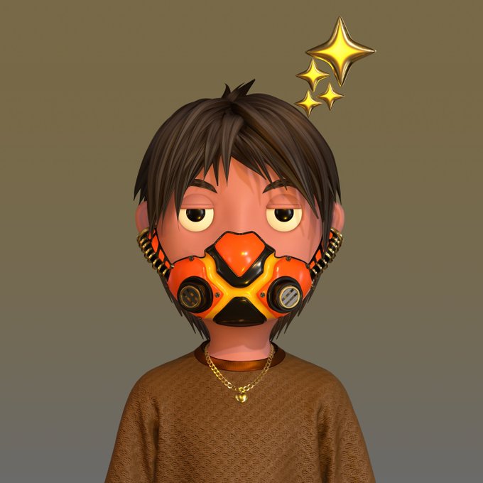 A 3D-rendered character with brown hair wears an orange and black gas mask, a brown shirt, and a gold chain. Yellow sparkle effects float above the character's head against a plain brown background.