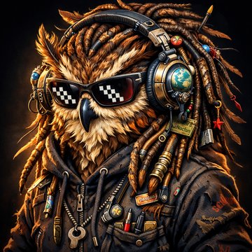 The image features a cartoon owl wearing headphones, sunglasses, and a jacket with pockets. The owl appears to be listening to music or engaging in some form of audio entertainment while dressed in a hipster style outfit.