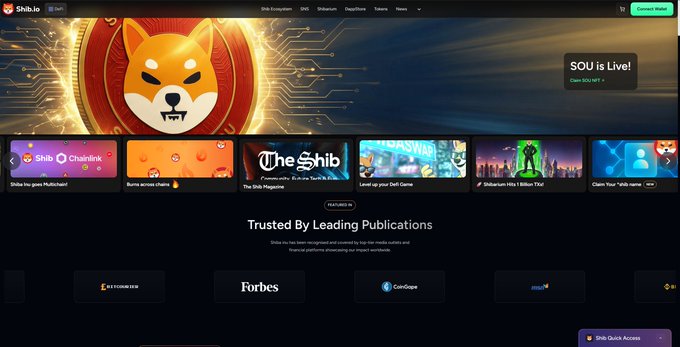 The Shib.io homepage features the Shiba Inu dog mascot with a 'SOU is Live!' notification and 'Trusted By Leading Publications' including Forbes and CoinGecko.